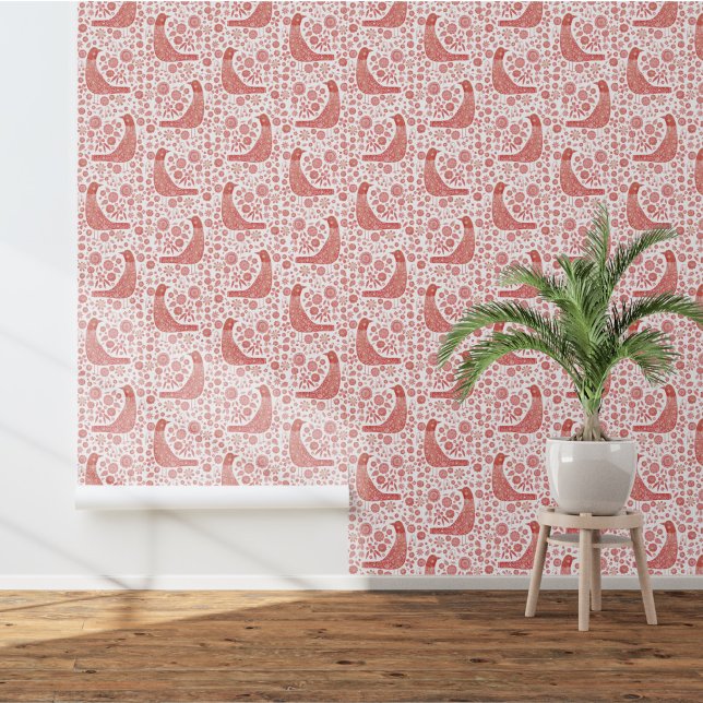 Scandinavian Birds Red and White Wallpaper (Nordic Birds red and white art wallpaper)