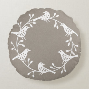 Scandinavian Birds with Rosehips Wreath Round Cushion