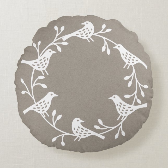 Scandinavian Birds with Rosehips Wreath Round Cushion (Front)