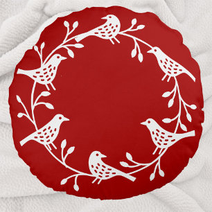 Scandinavian Birds with Rosehips Wreath Round Cushion