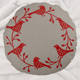 Scandinavian Birds with Rosehips Wreath Round Cushion