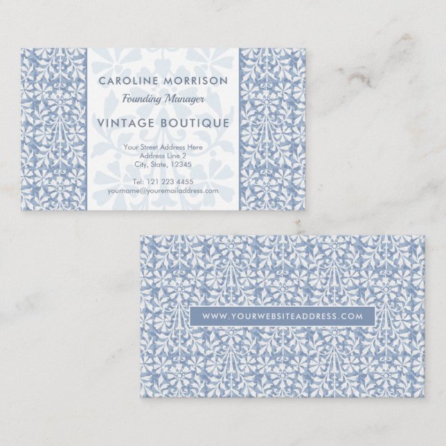 Scandinavian Blue and White Floral Elegant Business Card (Front/Back)