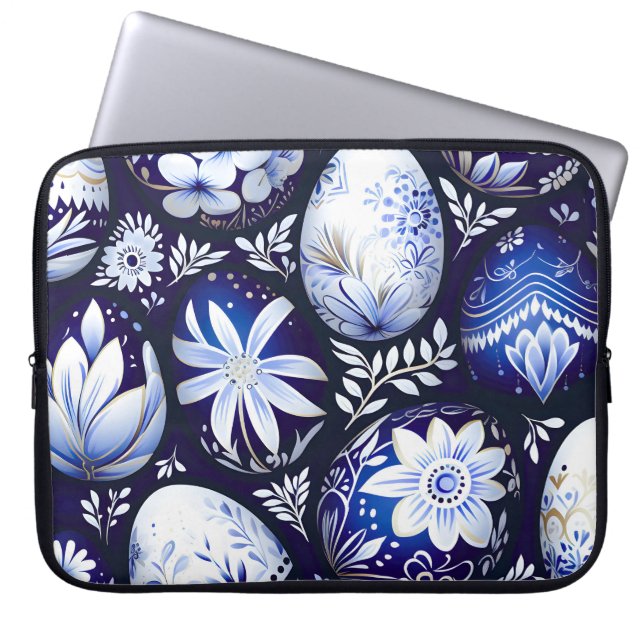 Scandinavian Blue Easter Egg Spring Floral Laptop Sleeve (Front)