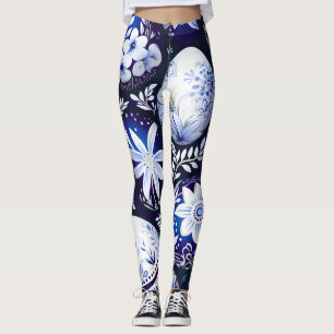 Scandinavian Blue Easter Egg Spring Floral Leggings