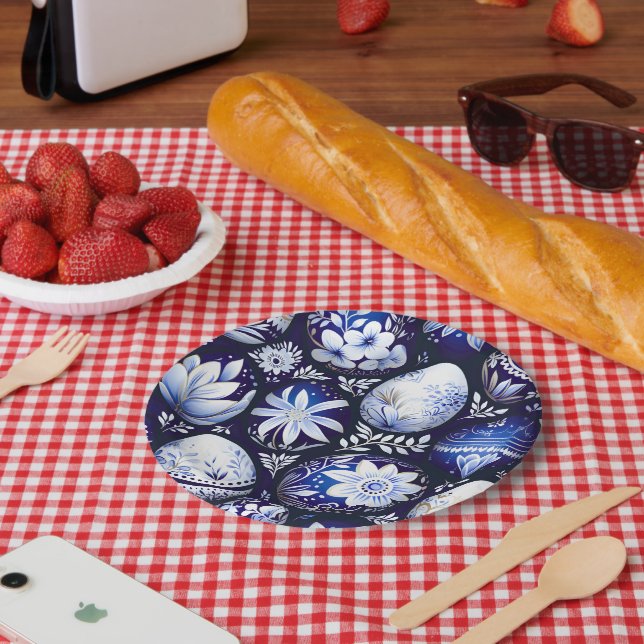 Scandinavian Blue Easter Egg Spring Floral Paper Plate (Picnic)