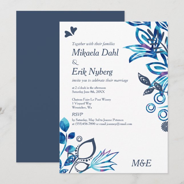 Scandinavian Blue Floral Pattern Wedding Invitation (Front/Back)