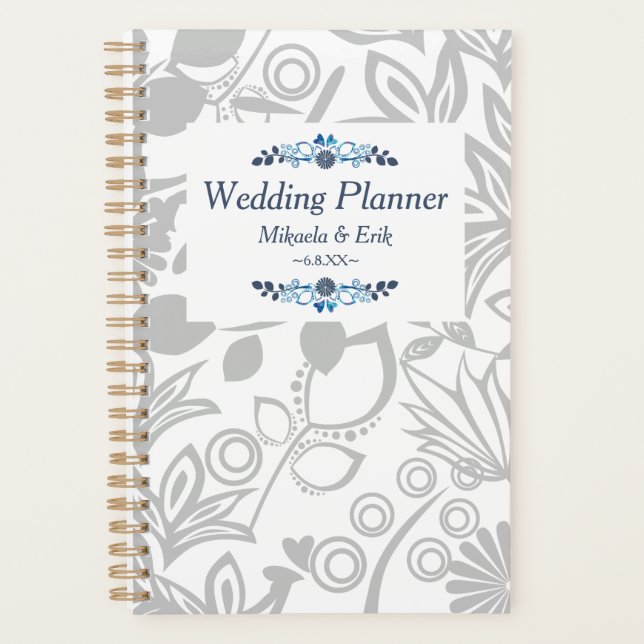 Scandinavian Blue Grey Floral Pattern Planner (Front)