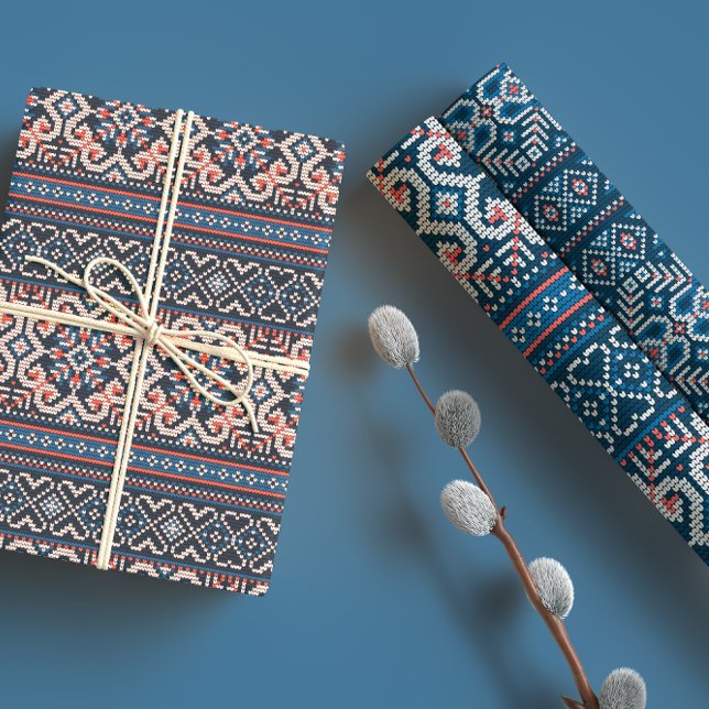 Scandinavian Blue & Peach Winter Sweater Pattern Wrapping Paper Sheet (Creator Uploaded)