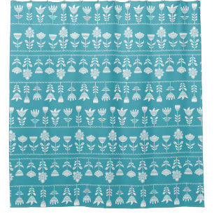 Scandinavian blue with white flowers shower curtain