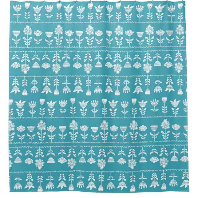 Scandinavian blue with white flowers shower curtain (Front)