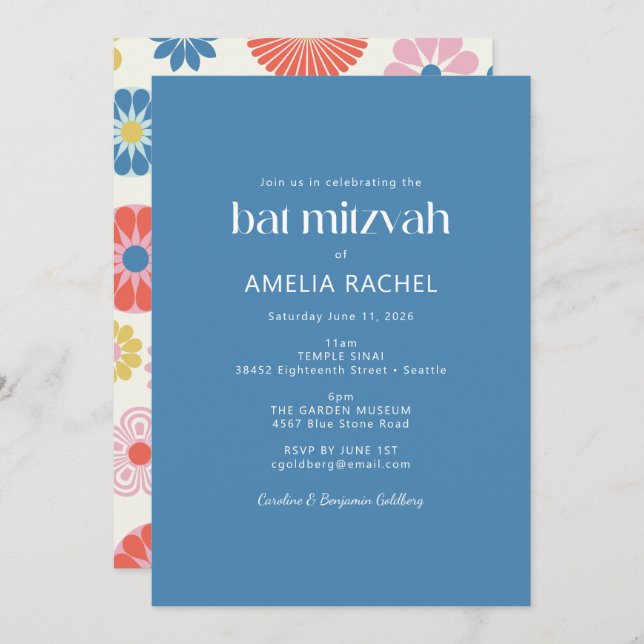 Scandinavian Boho Folk Flower Blue Bat Mitzvah Invitation (Front/Back)