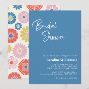 Scandinavian Boho Folk Flower Blue Bridal Shower Invitation