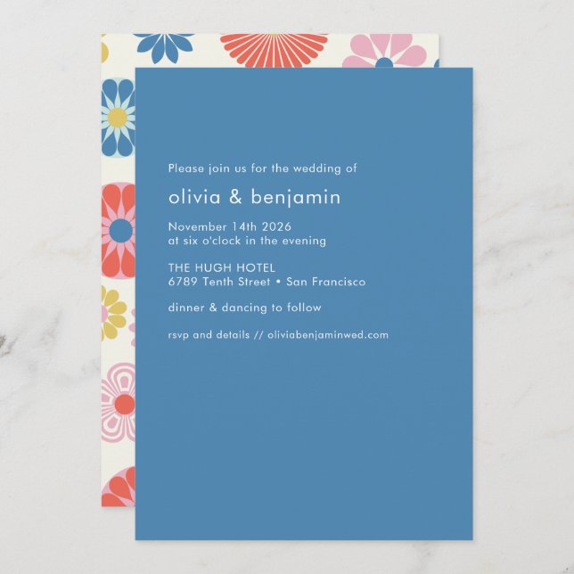 Scandinavian Boho Folk Flower Blue Simple Wedding Invitation (Front/Back)