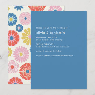 Scandinavian Boho Folk Flower Blue Simple Wedding Invitation