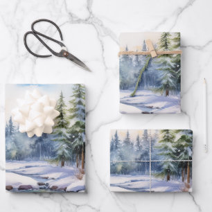 Scandinavian cabin in snowy landscape wrapping paper sheet