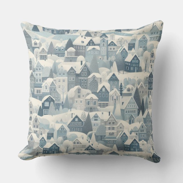 Scandinavian Charm Nordic Snow Winter Town Pattern Cushion (Front)