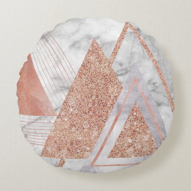scandinavian chic rose gold geometric white marble round cushion (Front)
