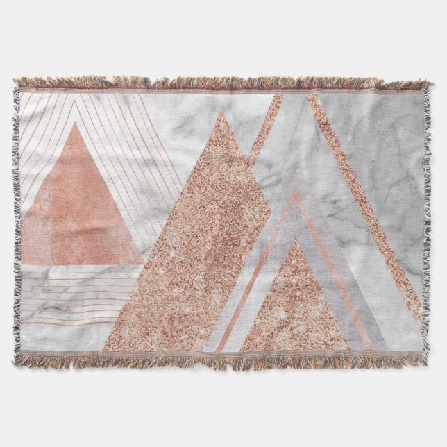scandinavian chic rose gold geometric white marble throw blanket (Front)