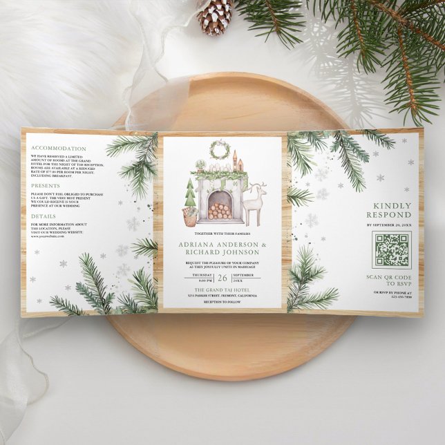 Scandinavian Christmas All in One QR Code Wedding Tri-Fold Invitation (Inside)