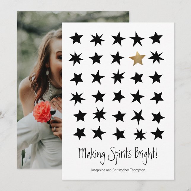 Scandinavian Christmas Black Gold Star Photo Invitation (Front/Back)