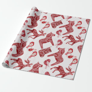 Scandinavian Christmas Dala Horse Folk Art Wrapping Paper