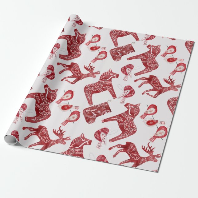 Scandinavian Christmas Dala Horse Folk Art  Wrapping Paper (Unrolled)