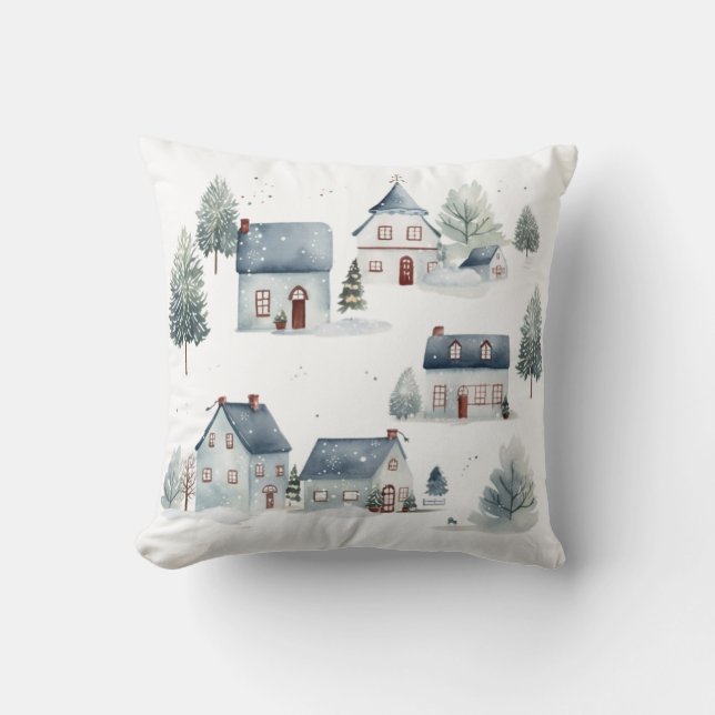 Scandinavian Christmas Decor Watercolor Houses  Cushion (Front)
