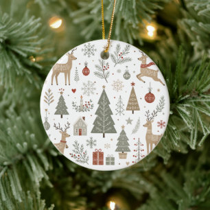 Scandinavian Christmas Deer and Winter Woodland Ceramic Tree Decoration