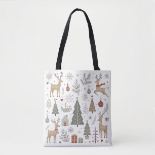 Scandinavian Christmas Deer and Winter Woodland Tote Bag