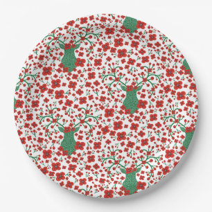 Scandinavian Christmas Floral Pattern with Antlers Paper Plate