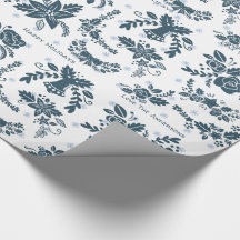 Scandinavian Christmas Folk Art Floral Blue White