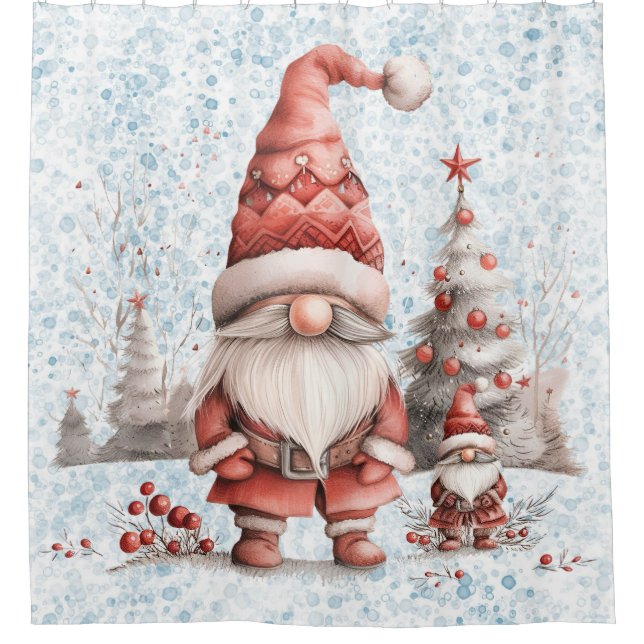 Scandinavian Christmas Gnome Red Berries Shower Curtain (Front)