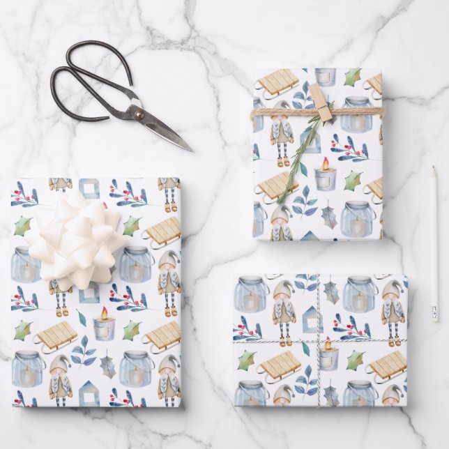 Scandinavian Christmas Gnome Wrapping Paper Sheet (Front)