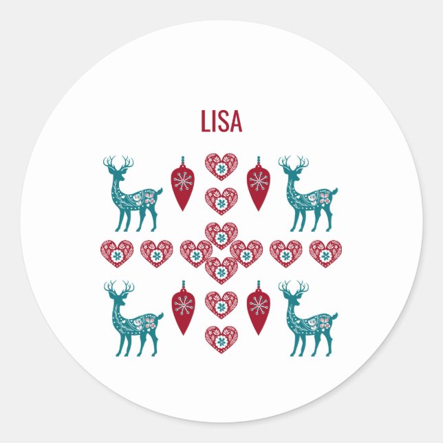 Scandinavian Christmas Hearts Reindeer Red Baubles Classic Round Sticker (Front)