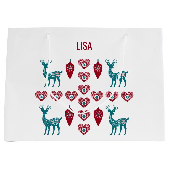 Scandinavian Christmas Hearts Reindeer Red Baubles Large Gift Bag (Front)