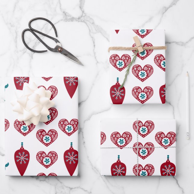 Scandinavian Christmas Hearts Reindeer Red Baubles Wrapping Paper Sheet (Front)