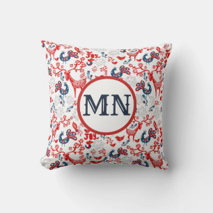 Scandinavian Christmas Monogrammed Folk Art Red Cushion
