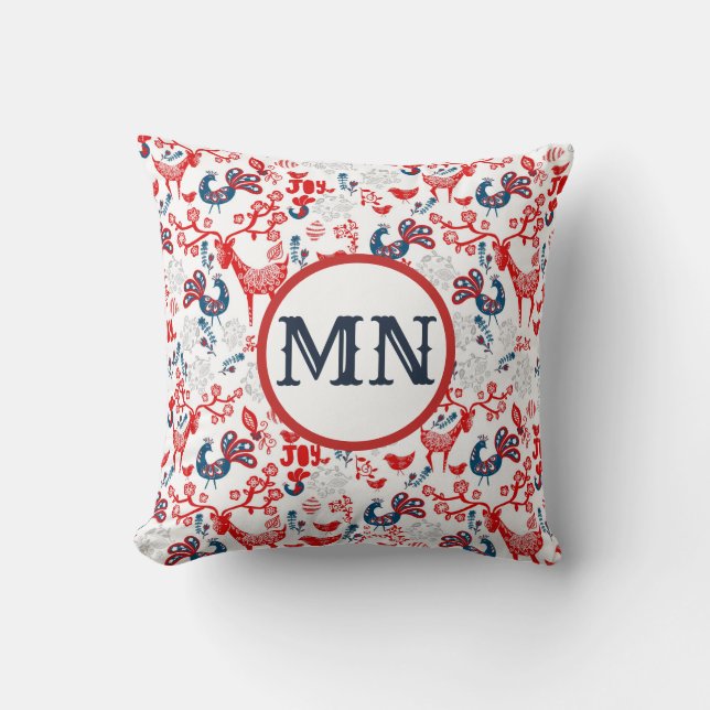 Scandinavian Christmas Monogrammed Folk Art Red Cushion (Front)