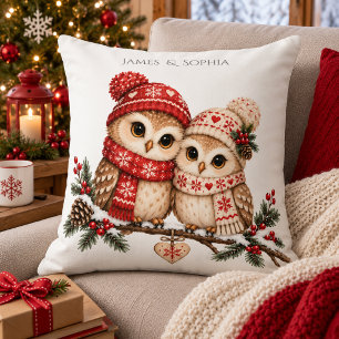 Scandinavian Christmas Owl Couple Cosy Nordic Love Cushion