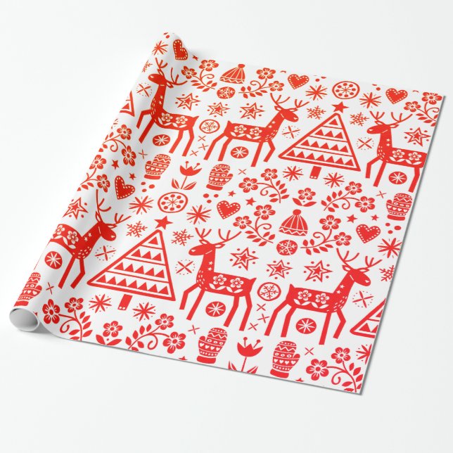 SCANDINAVIAN CHRISTMAS PATTERN RED AND WHITE  WRAPPING PAPER (Unrolled)