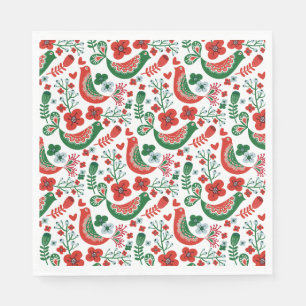 Scandinavian Christmas Pattern w Flowers and Birds Napkin