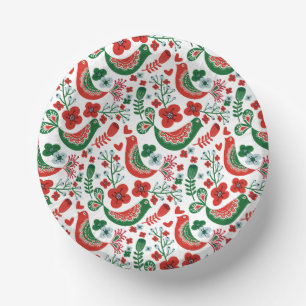 Scandinavian Christmas Pattern w Flowers and Birds Paper Plate