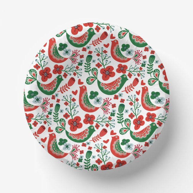 Scandinavian Christmas Pattern w Flowers and Birds Paper Plate (Front)