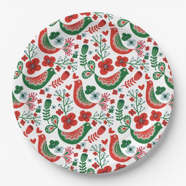 Scandinavian Christmas Pattern w Flowers and Birds Paper Plate (Front)