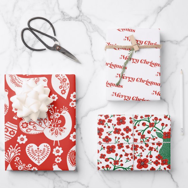 Scandinavian Christmas Pattern w Flowers and Birds Wrapping Paper Sheet (Front)