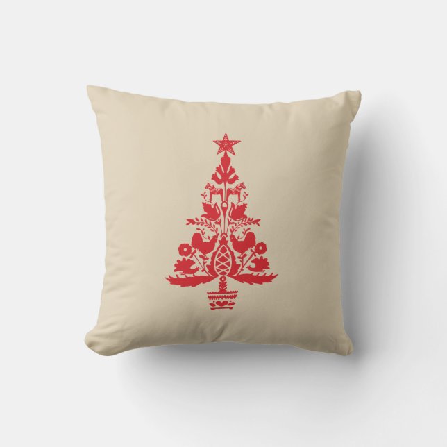 Scandinavian Christmas Red Orange Nordic Tree Cushion (Front)