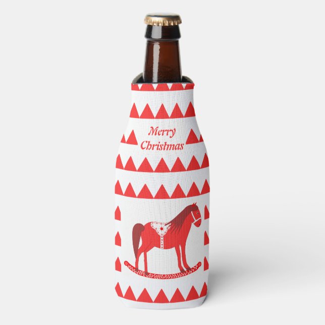 Scandinavian Christmas Rocking Horse Custom Bottle Cooler (Bottle Front)