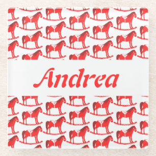 Scandinavian Christmas Rocking Horse Custom Name Glass Coaster