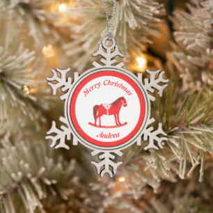 Scandinavian Christmas Rocking Horse Custom Snowflake Pewter Christmas Ornament