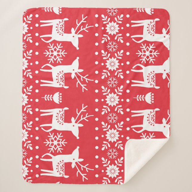Scandinavian Christmas: Snowflakes & Deer Sherpa Blanket (Front)